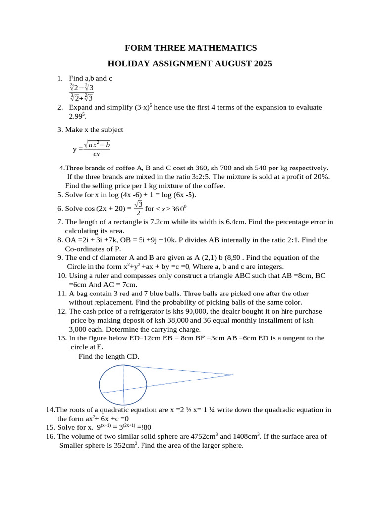 Form Three Math Holiday Assignment 2025 | PDF