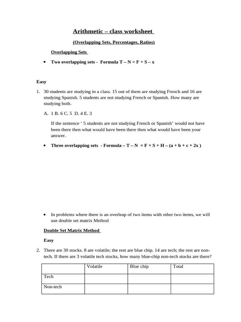 Arithmetic Worksheet: Sets & Percentages | PDF | Ratio | Prices