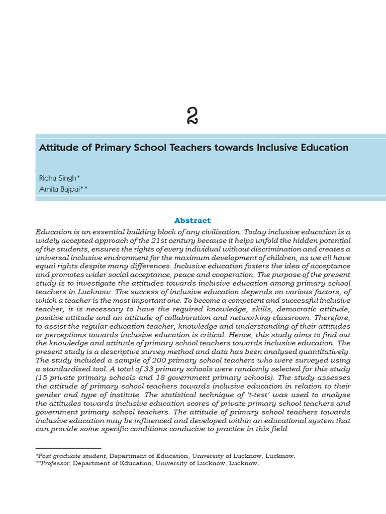 Primary Teachers' Attitudes on Inclusion | PDF | Inclusion (Education ...