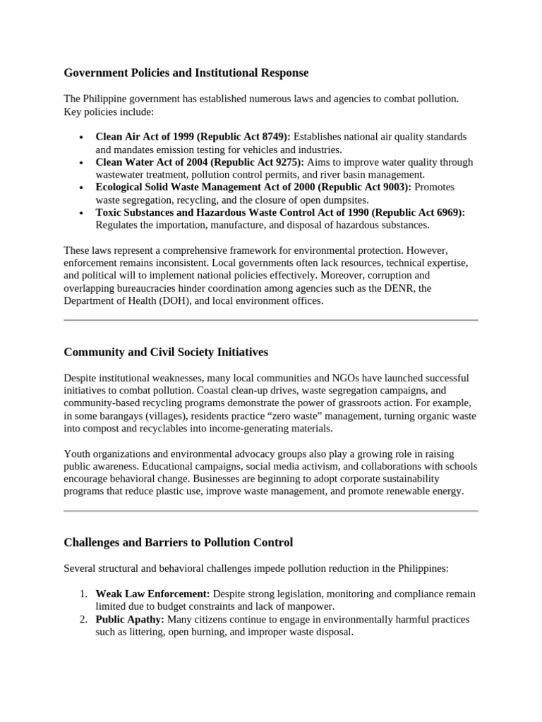 Philippines Pollution Control Policies Overview | PDF | Waste ...