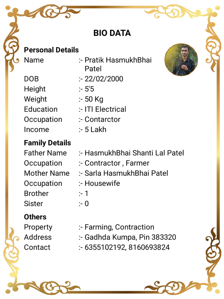 Pratik Patel's Bio Data Overview | PDF
