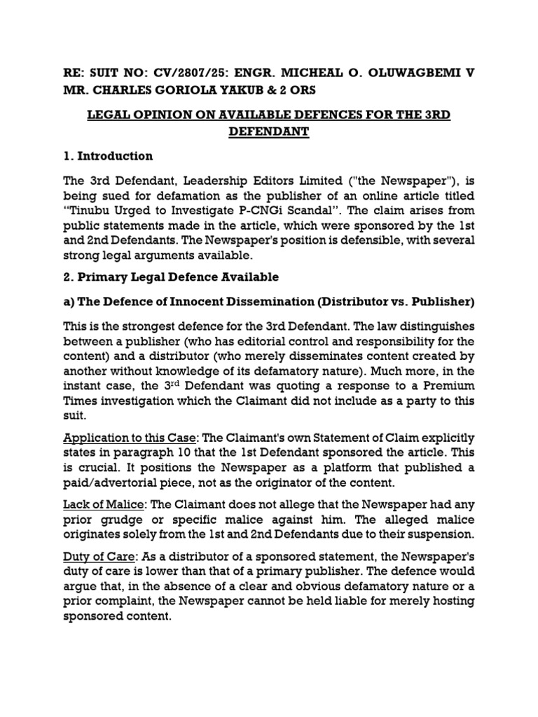 LEGAL OPINION ON AVAILABLE DEFENCES FOR THE 3RD DEFENDANT | PDF ...