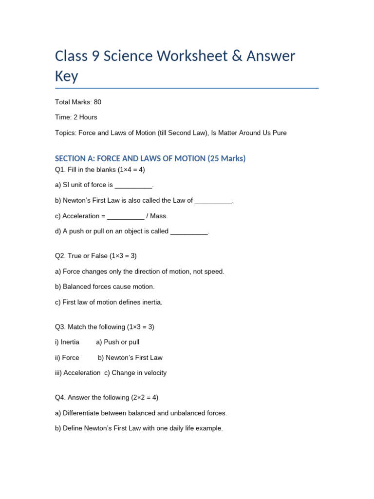 Class 9 Science Worksheet on Forces & Matter | PDF | Force | Mixture