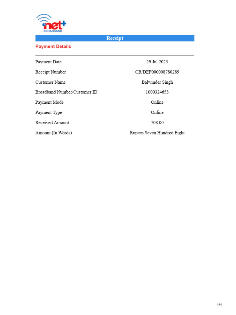 Online Payment Receipt for Broadband | PDF