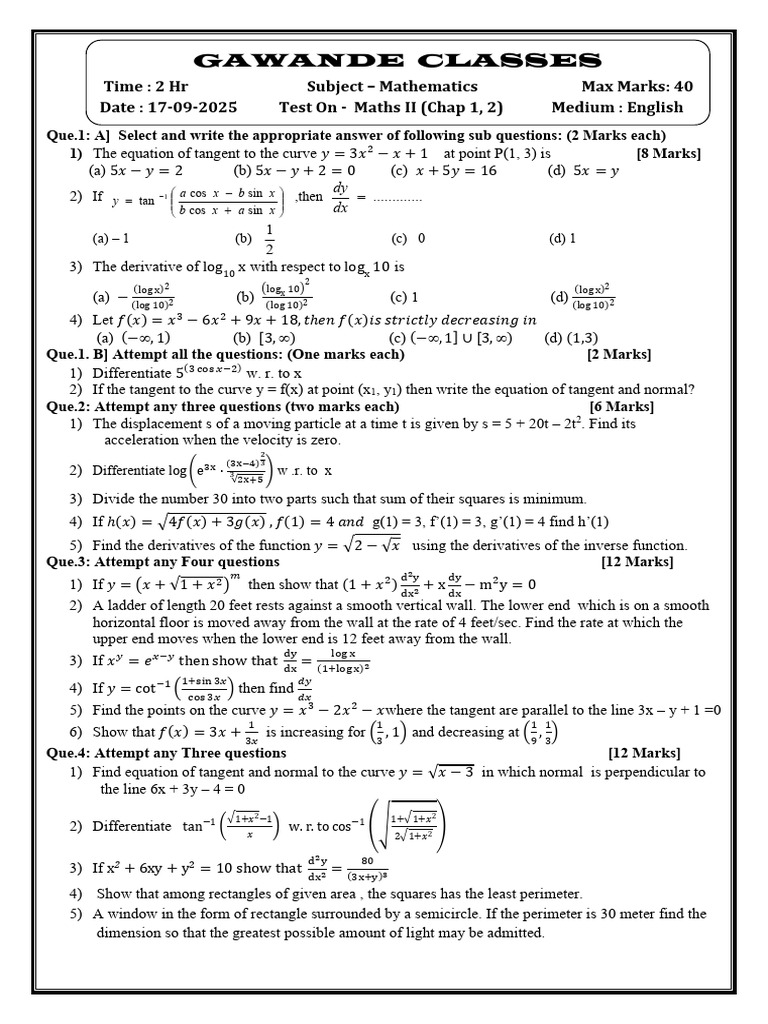 Test On - Maths II (Chap 1, 2) | PDF | Tangent | Derivative