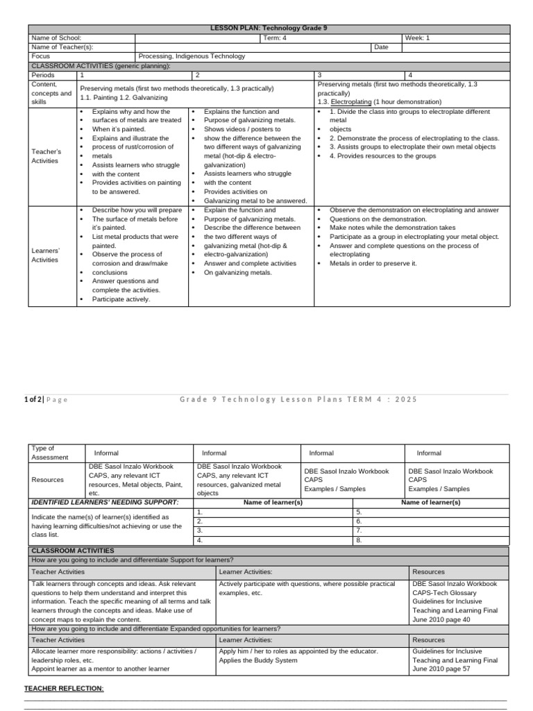 Preserving Metals in Grade 9 Technology | PDF | Teachers | Lesson Plan