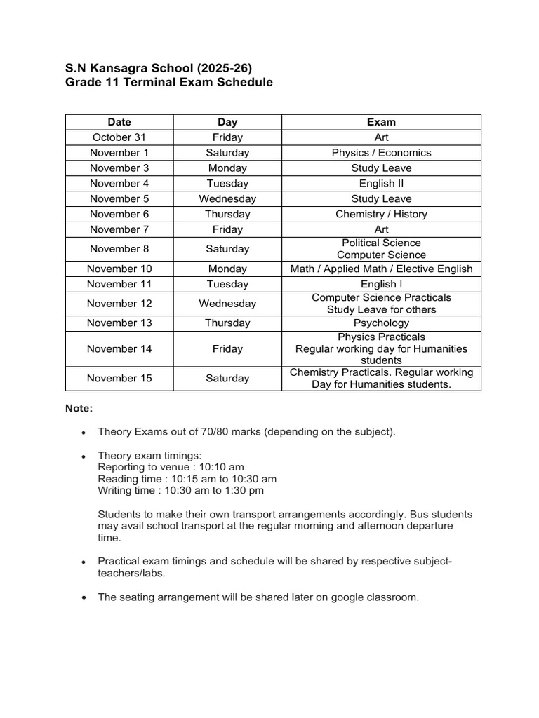 S.N Kansagra School Grade 11 Exam Schedule | PDF