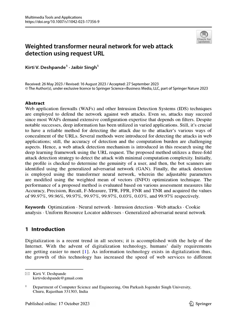 D-Weighted Transformer Neural Network For Web Attack Detection Using ...