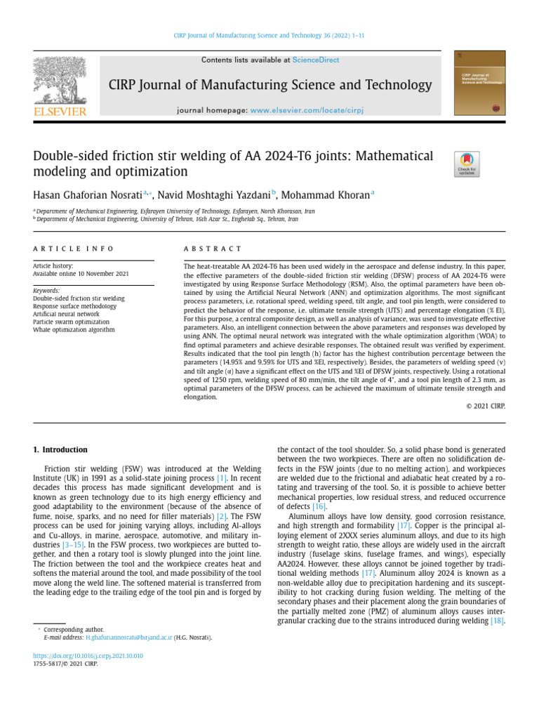 Double-Sided Friction Stir Welding of AA 2024-T6 | PDF | Strength Of ...