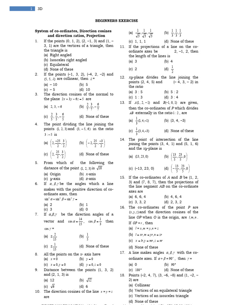 3D Geometry Exercises for Beginners | PDF | Triangle | Triangle Geometry