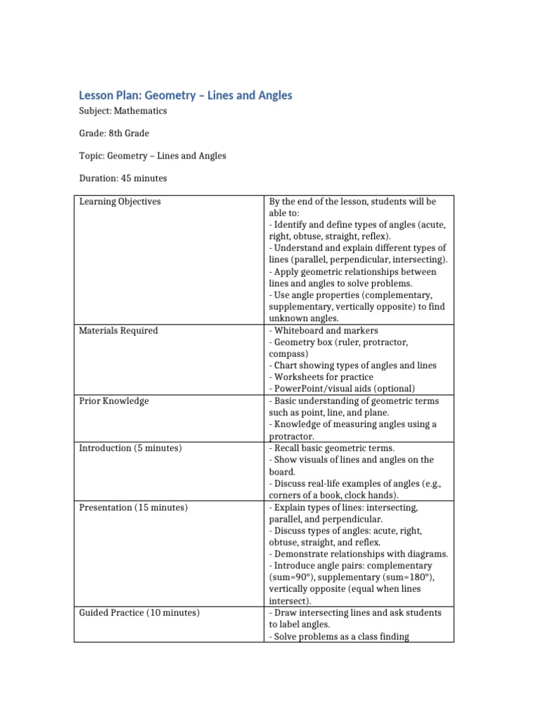 Grade 8 Lines and Angles Lesson Plan | PDF | Angle | Geometry