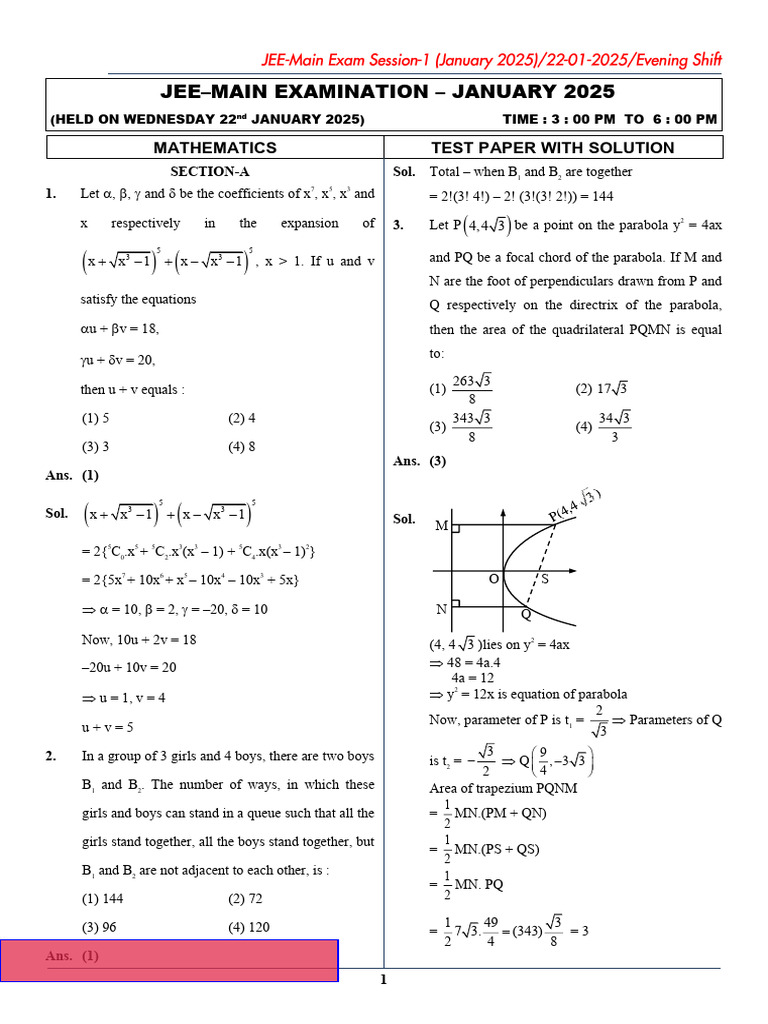 JEE Main January 2025 Math Solutions | PDF | Mathematics | Geometry