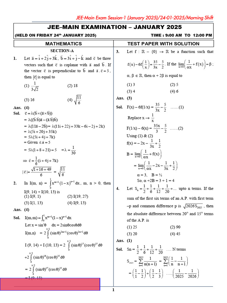 JEE Main 2025 Mathematics Solutions | PDF | Euclidean Geometry | Geometry