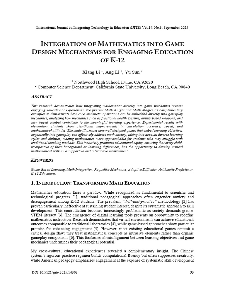 Integration of Mathematics Into Game Design Mechanisms For Engaging ...