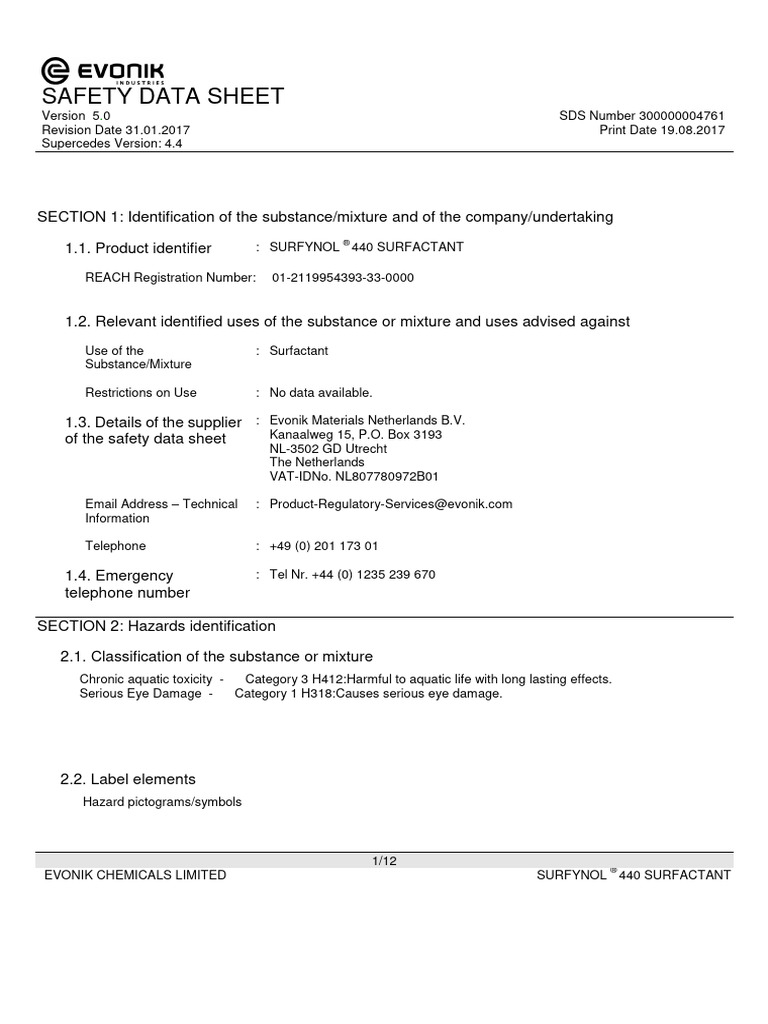 Surfynol 440 Safety Data Sheet | PDF | Toxicity | Dangerous Goods