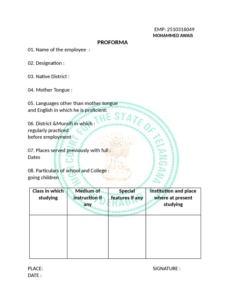 Employee Proforma Template | PDF