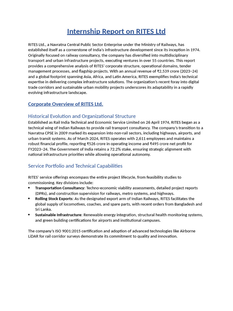 RITES Ltd Internship Report Summary | PDF | Rail Transport | Infrastructure