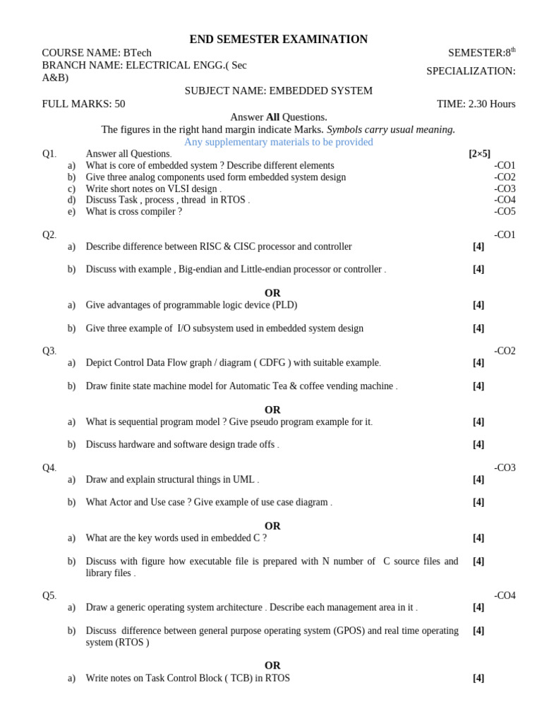 BTech 8th Semester Embedded Systems Exam | PDF | Embedded System ...