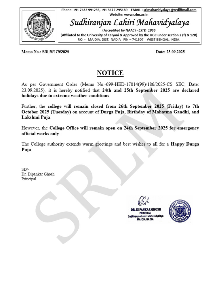 Holiday Notice - Puja Vacation | PDF