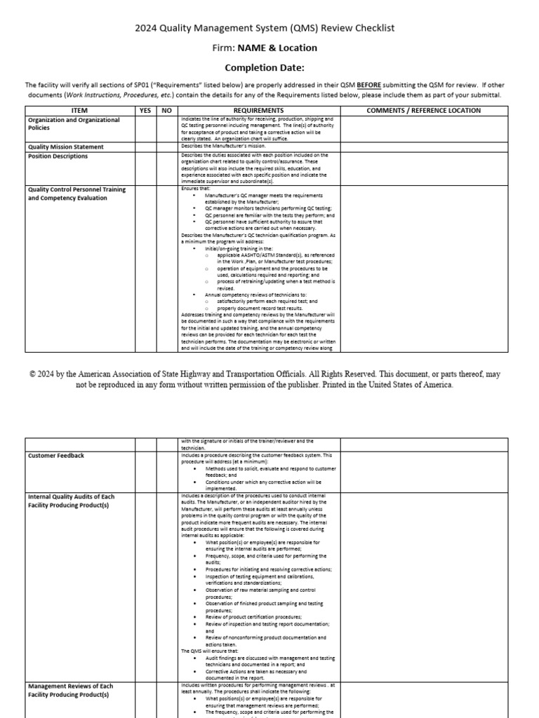 2024 Audit Cycle QMS Review Checklist Facility City ST | PDF ...