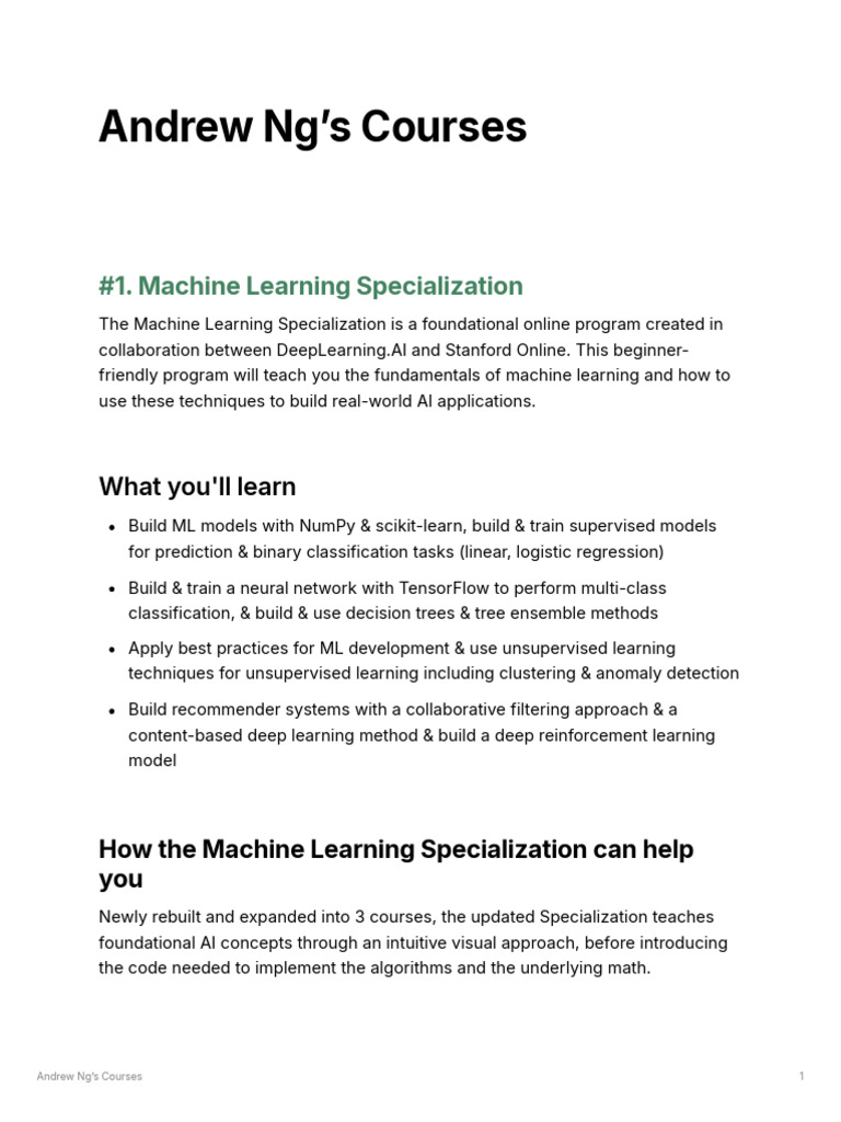 Andrew Ng's Machine Learning Courses | PDF | Machine Learning | Deep ...