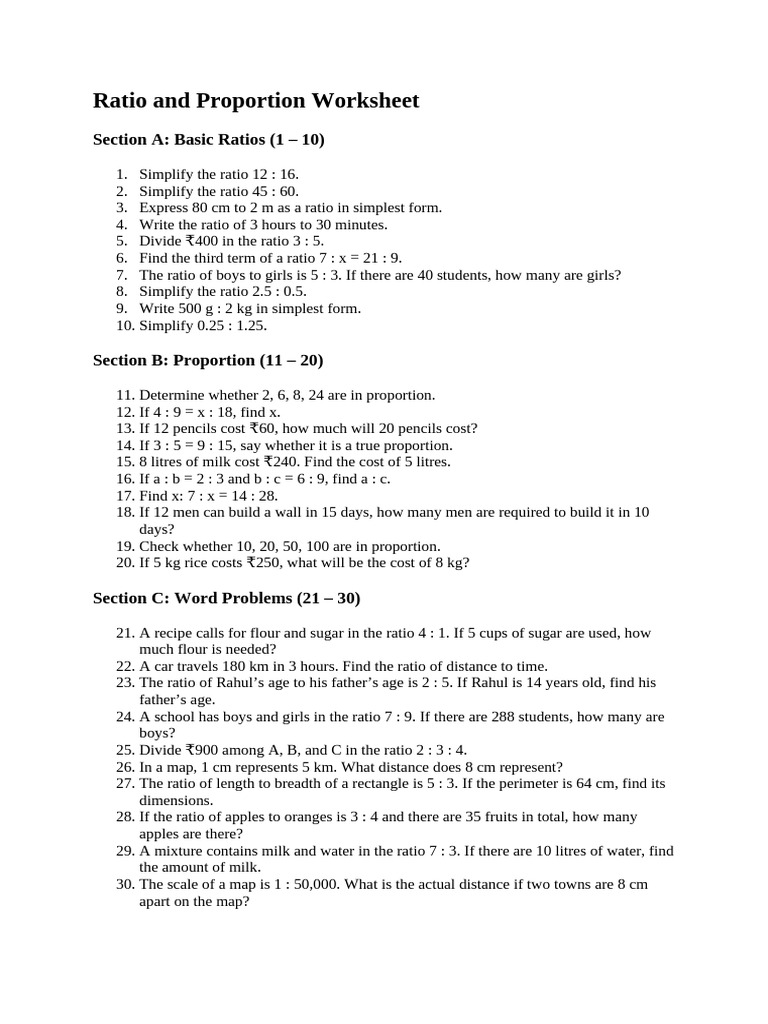 Ratio and Proportion Worksheet | PDF | Ratio | Area