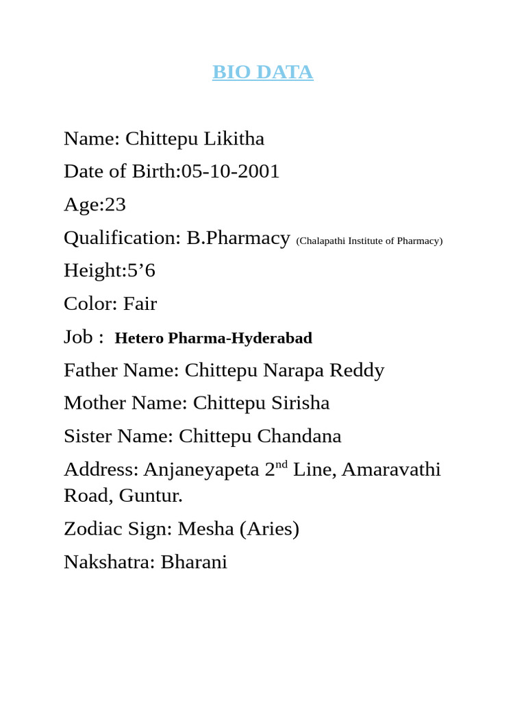 Likitha-BIO DATA | PDF