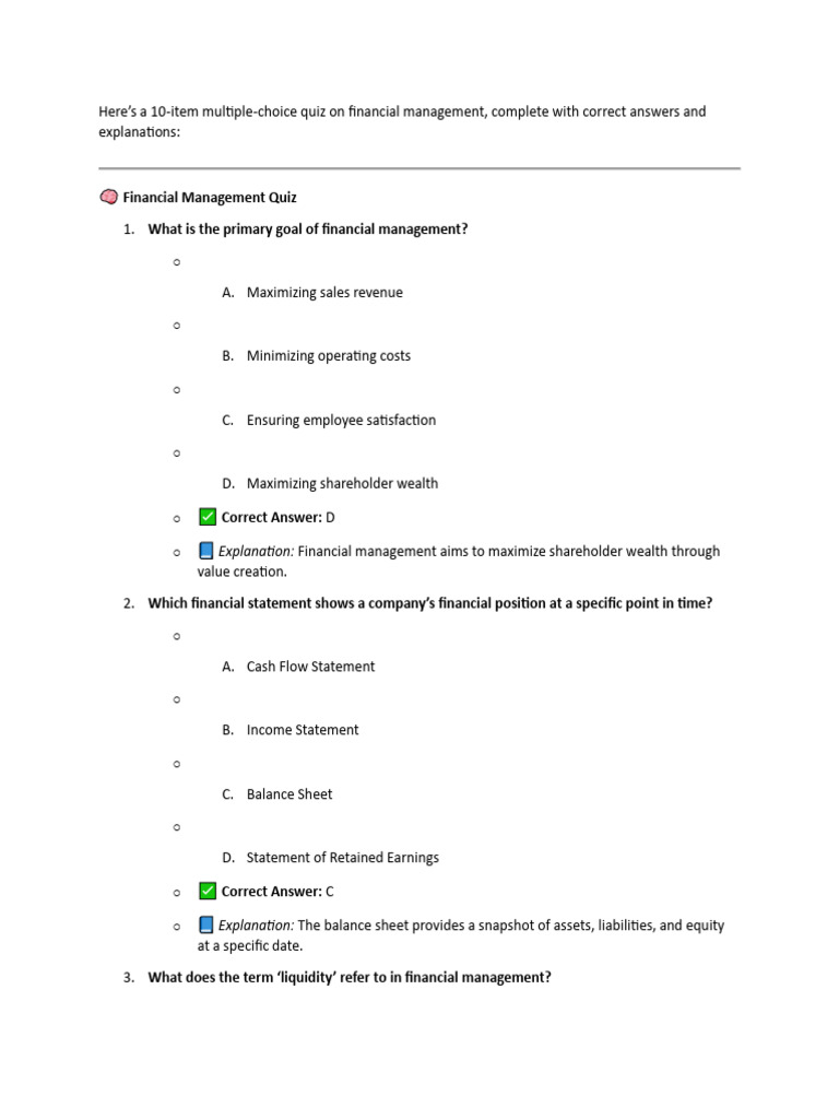Financial Management Quiz with Answers | PDF | Capital Budgeting ...