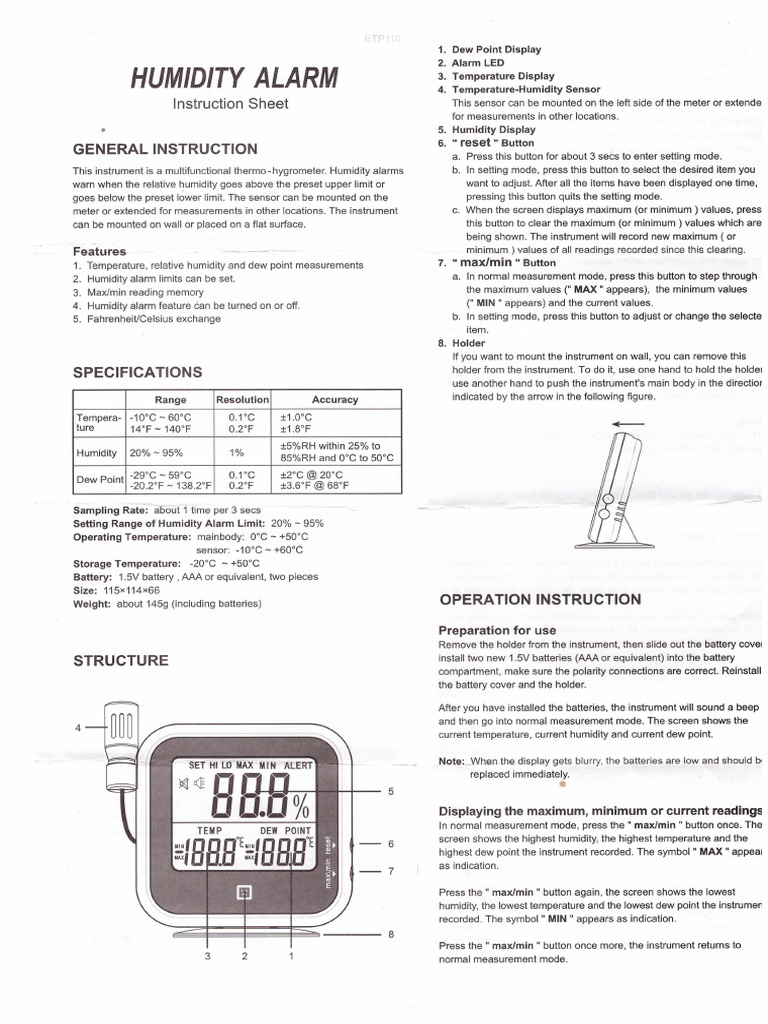 Humidity Alarm Instruction Guide | PDF | Humidity