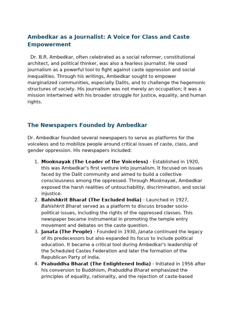 Ambedkar's Journalism for Justice | PDF | Dalit | Caste