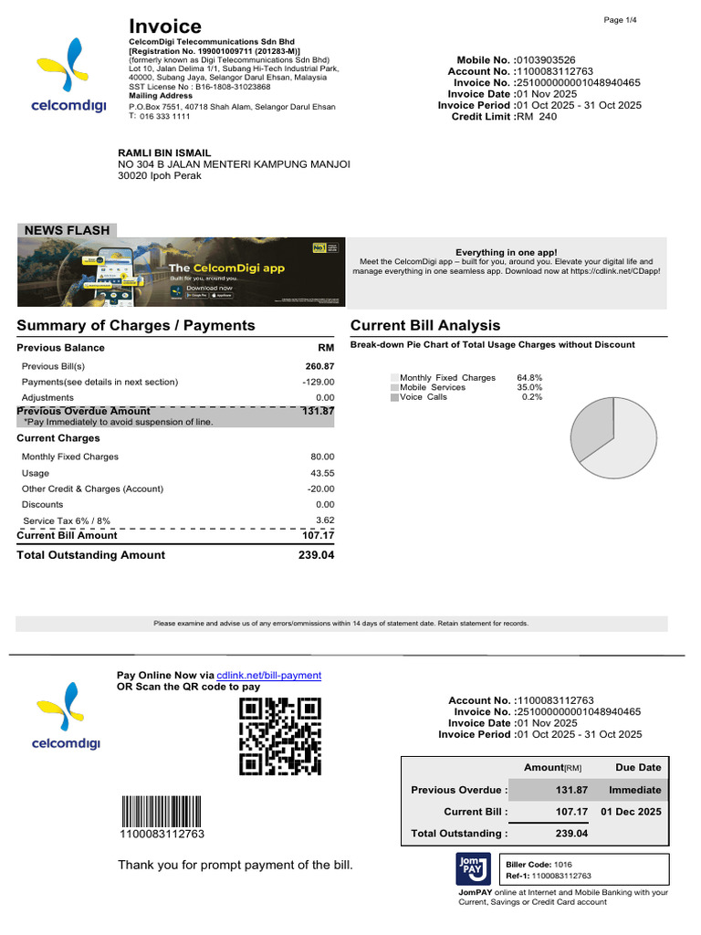 CelcomDigi Bill Summary for Oct 2025 | PDF | Credit Card | Payments