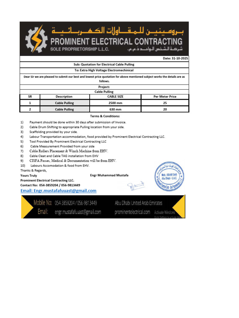Cable Pulling Quotation Details | PDF
