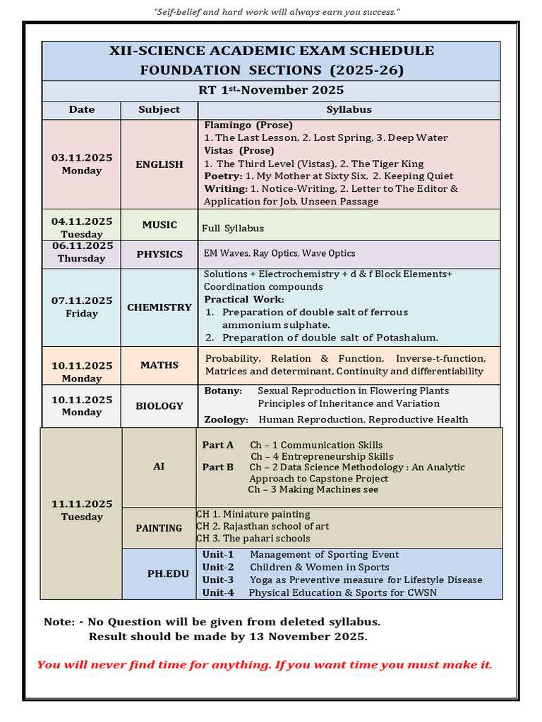 XII Science Exam Schedule 2025-26 | PDF