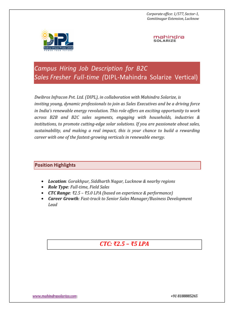 DIPL Sales Executive Fresher Sales JD | PDF | Sales | Business