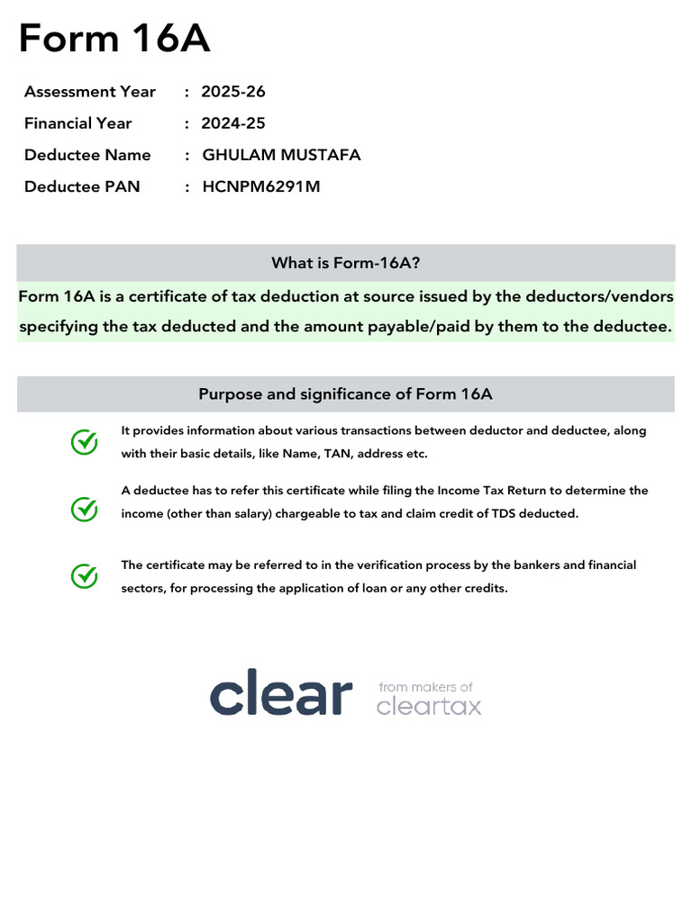 Form 16A TDS Certificate 2025-26 | PDF | Tax Deduction | Lease