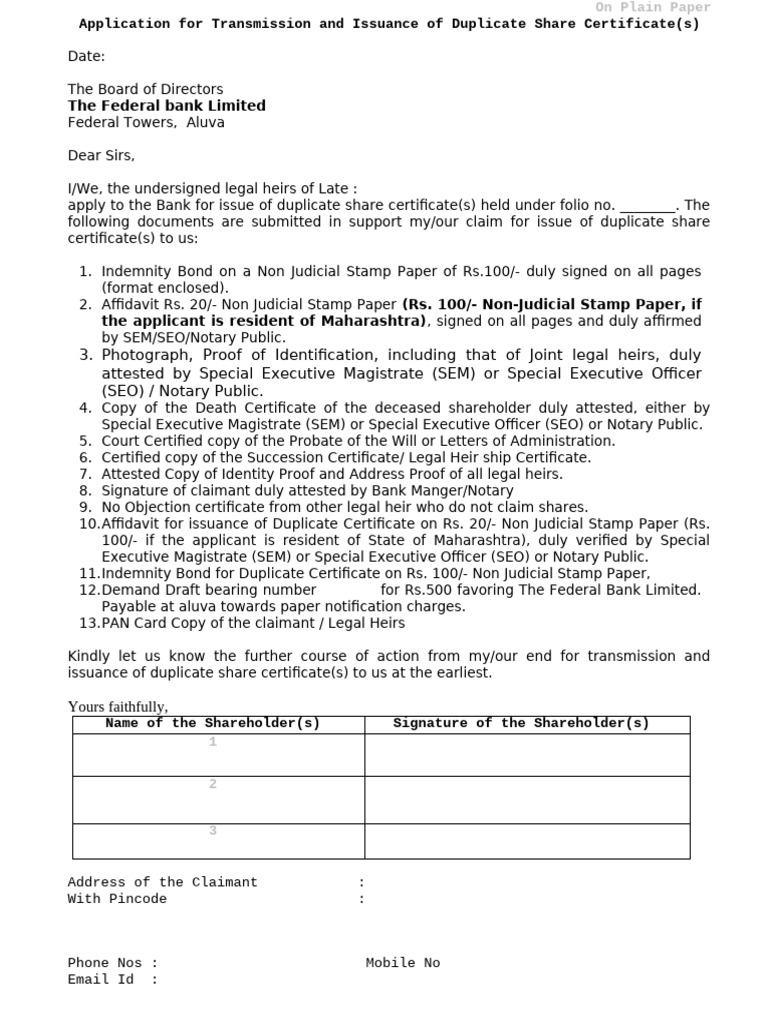 Application For Transmission and Issuance of Duplicate Share ...
