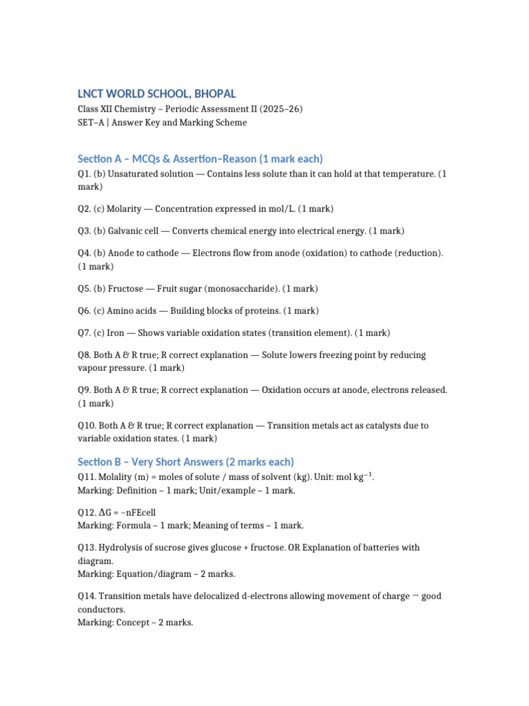 Class XII Chemistry Assessment Answer Key | PDF | Redox | Fructose