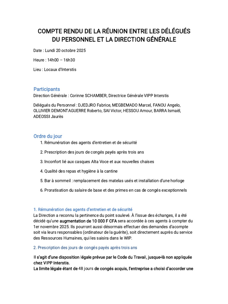Compte rendu réunion direction-délégués 20/10/2025 | PDF