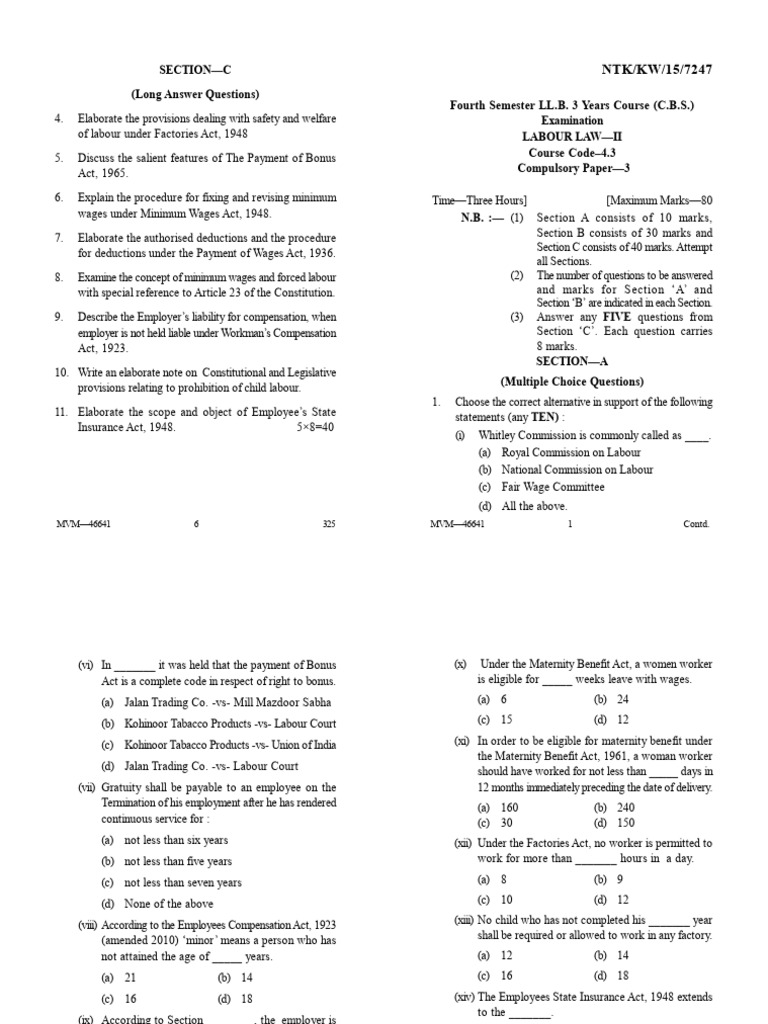 Labour Law II Exam Paper Guide | PDF | Labour Law | Employment