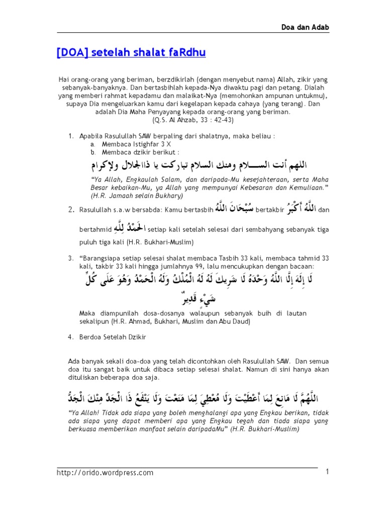 Setelah Shalat Fardhu Doa