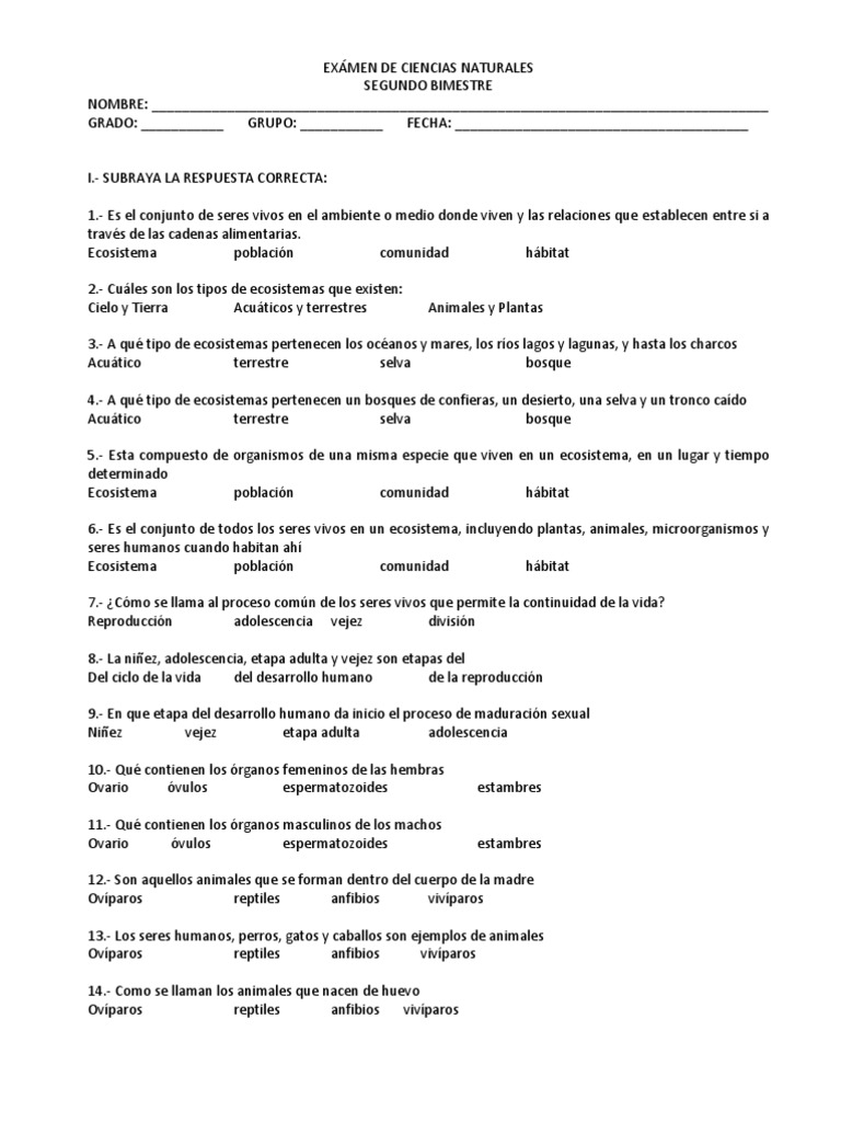 Examen de Ciencias Naturales de Cuarto Grado Segundo Bimestre