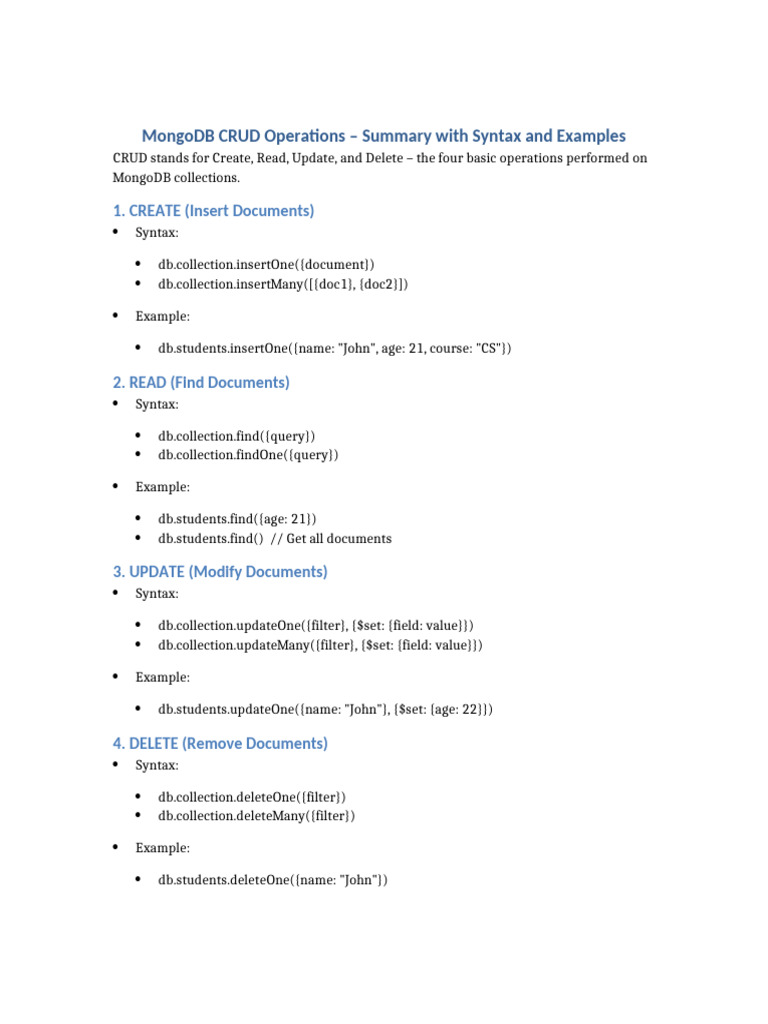 MongoDB CRUD Operations Explained | PDF