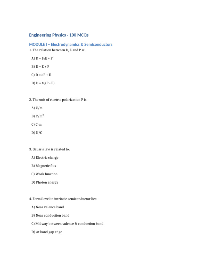 Engineering Physics MCQs for Students | PDF | Laser | Electron