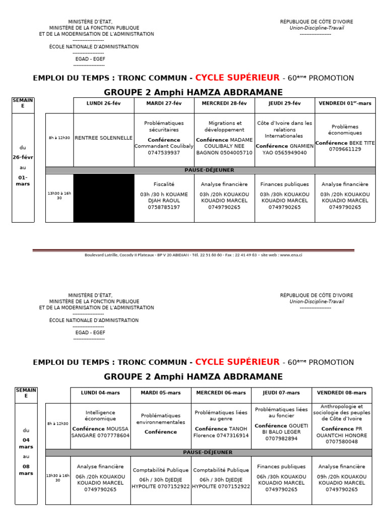 Emploi du temps Cycle Supérieur ENA | PDF | Gouvernance | Business