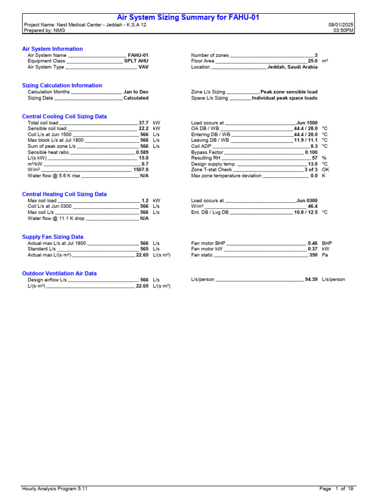 FAHU-01 Air System Sizing Summary | PDF | Ventilation (Architecture) | Wall