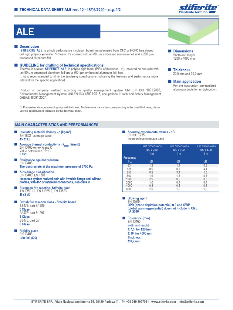 Stiferite ALE Technical Specifications | PDF | Duct (Flow) | Materials