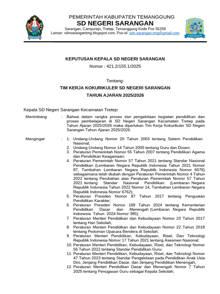 SK Tim Kerja Kokurikuler SD Negeri Sarangan Tahun Ajaran 2025 2026 | PDF