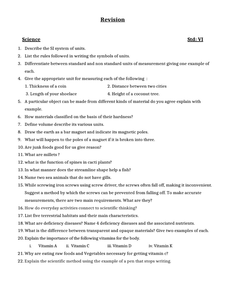 Science Revision for Grade VI Students | PDF