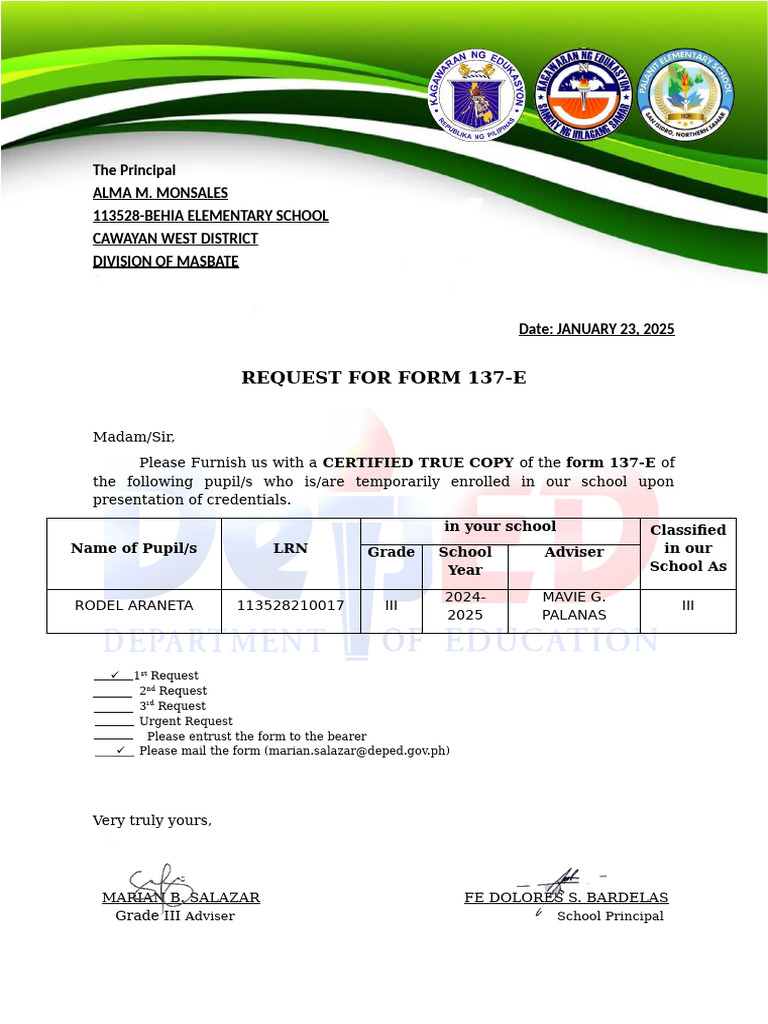 Request For Form 137 Palanit | PDF