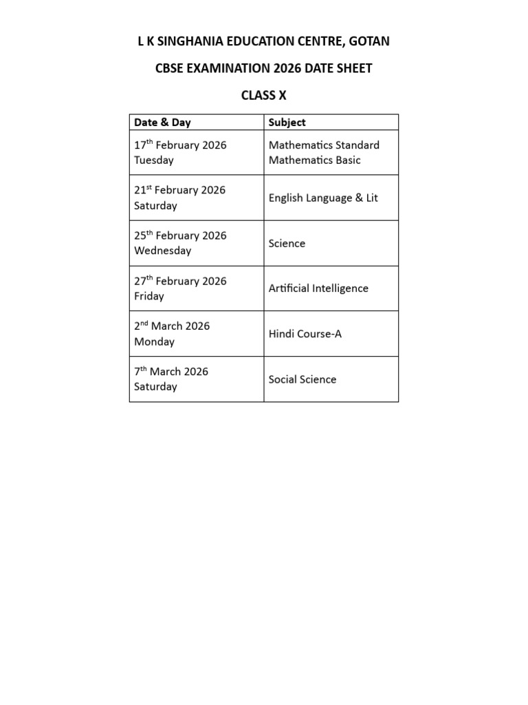 Cbse Examination 2026 Date Sheet For L K Singhania Education Centre | PDF